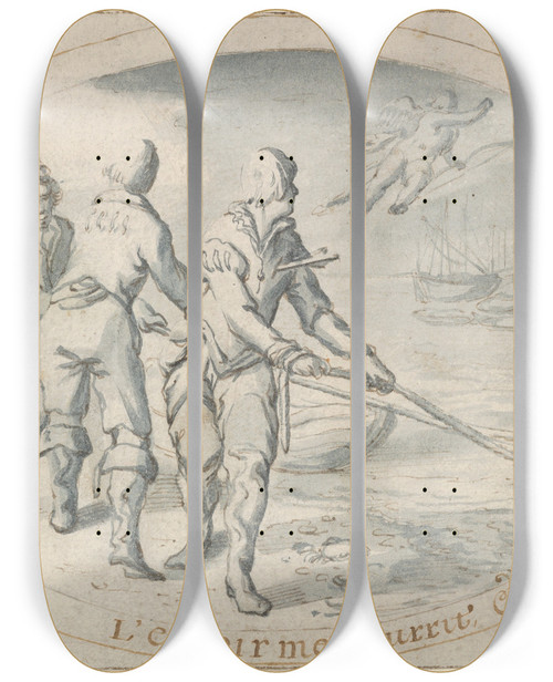 Triptych art skateboard deck of Jacob Matham Emblem Drawing Hope Sustains Me by Jacob Matham (1571-1631)