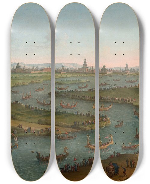 Triptych art skateboard deck of Antonio Joli A Capriccio With The French Ambassador Approaching The King Of Siams Palace In A State Barge In October 1685 by Antonio Joli (1700-1777)