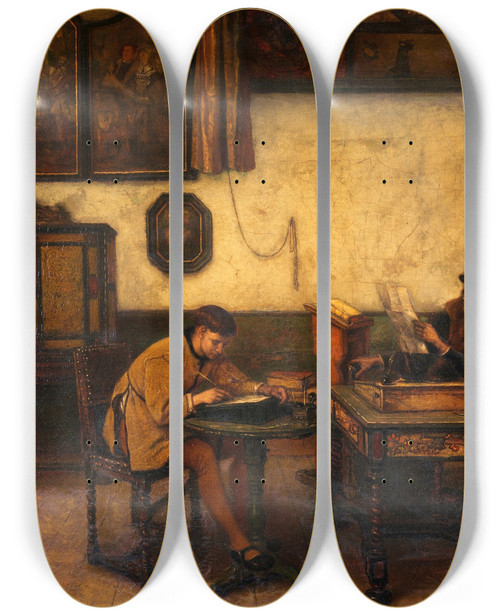Triptych art skateboard deck of Jan August Hendrik Leys Erasmus In His Study by Jan August Hendrik Leys (1815-1869)