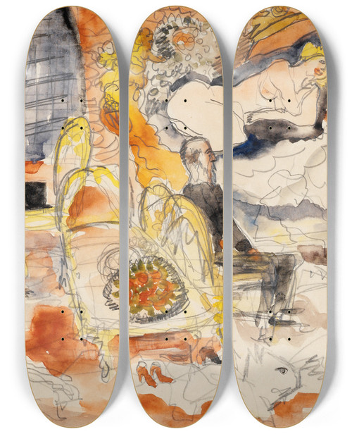 Triptych art skateboard deck of Charles Demuth Count Muffat Discovers Nana With The Marquis De Chouard by Charles Demuth (1883-1935)