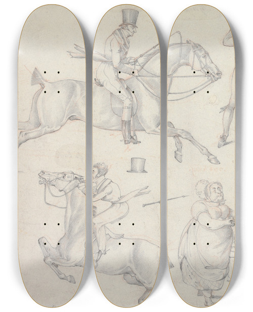 Triptych art skateboard deck of Henry Thomas Alken Symptoms Of None Of Your Stuff Of A Declaration Of A Meltonian Of Is That A Writ I See Before Me Of A Love Feast Of A Buck by Henry Thomas Alken (1785-1851)