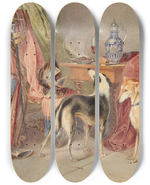 Triptych art skateboard deck of Johann Matthias Ranftl An Interior With Greyhounds And A Stilllife With Pieces Of Armour by Johann Matthias Ranftl (1804-1854)