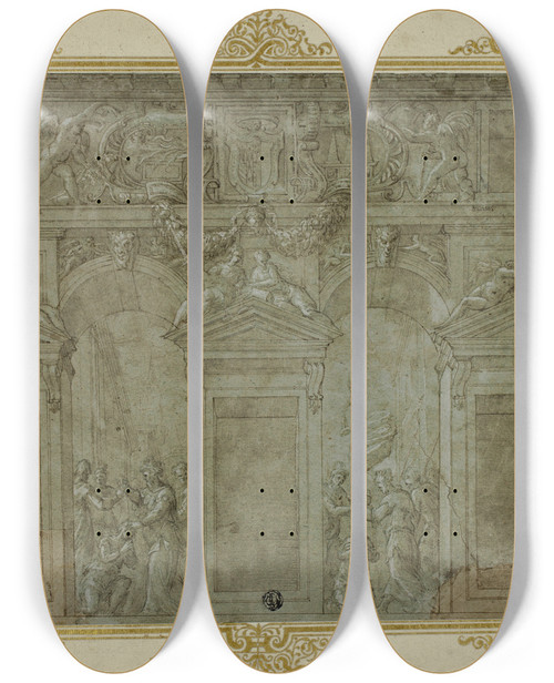 Triptych art skateboard deck of Circle Of Girolamo Genga Design For A Faade Decoration by Circle Of Girolamo Genga (1476-1551)