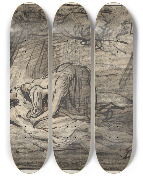 Triptych art skateboard deck of David Humbert De Superville Treurende Vrouw Bij Dode Man Pyramus En Thisbe by David Humbert De Superville (1770-1849)