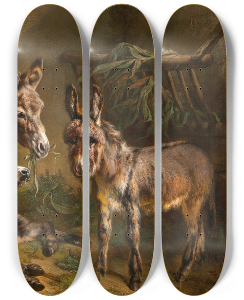 Triptych art skateboard deck of Benno Adam Donkies In A Stable by Benno Adam