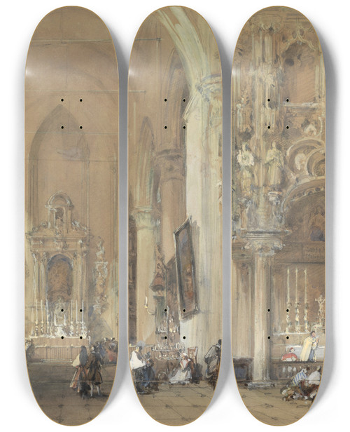 Triptych art skateboard deck of David Roberts The Church At Dixmude West Flanders by David Roberts (1796-1864)