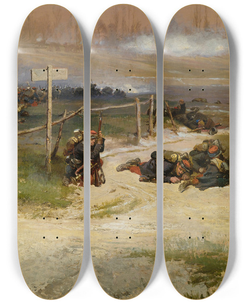 Triptych art skateboard deck of Jeanbaptiste Douard Detaille Au Pied Du Poteau A Fragment From The Panorama Of The Battle Of Champigny by Jean-Baptiste douard Detaille (1848-1912)
