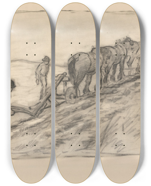 Triptych art skateboard deck of Robert Polhill Bevan Ploughing The Hillside by Robert Polhill Bevan (1865-1925)