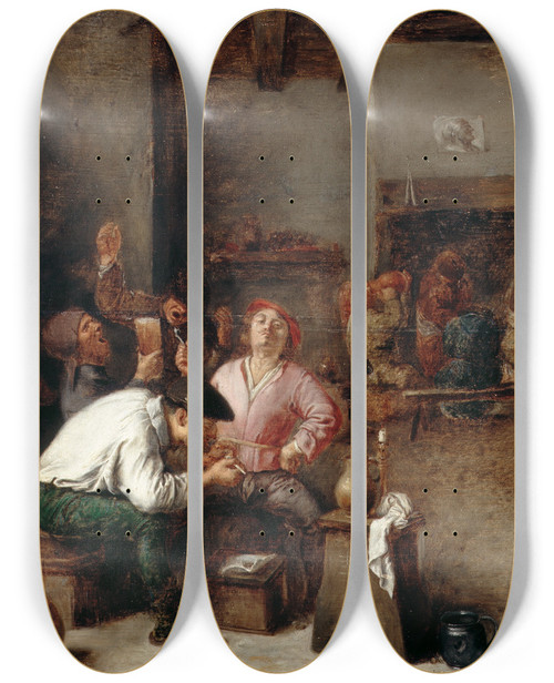 Triptych art skateboard deck of Adriaen Brouwer Interior Of A Tavern by Adriaen Brouwer (1605-1638)
