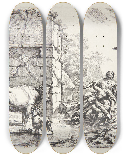 Triptych art skateboard deck of Nicolaes Pietersz Berchem En Hyrde Vander Sine Dyr Ved En Tilgroet Ruin by Nicolaes Pietersz Berchem (1620-1683)