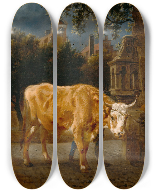 Triptych art skateboard deck of Jan Van Der Heyden Bull In A City Street by Jan van der Heyden (1637-1712)