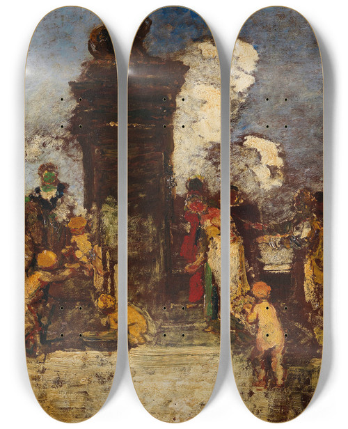 Triptych art skateboard deck of Adolphe Monticelli Fte Champetre La Fontaine De Jouvence by Adolphe Monticelli (1824-1886)