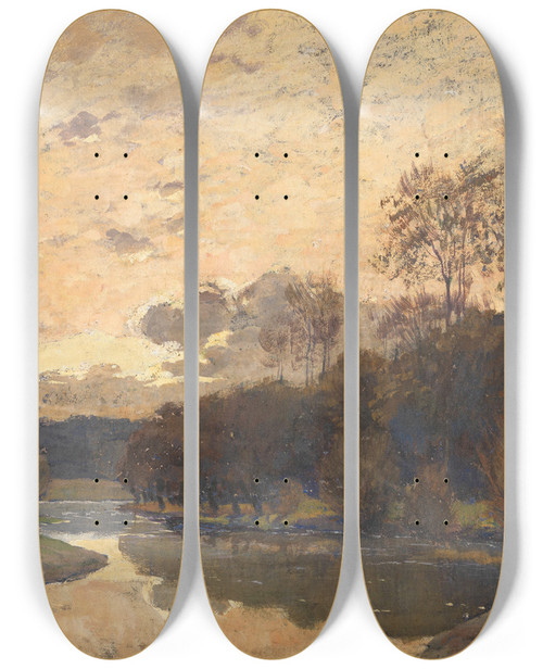 Triptych art skateboard deck of Wilhelm Nagel Frhlingslandschaft In Abendstimmung by Wilhelm Nagel