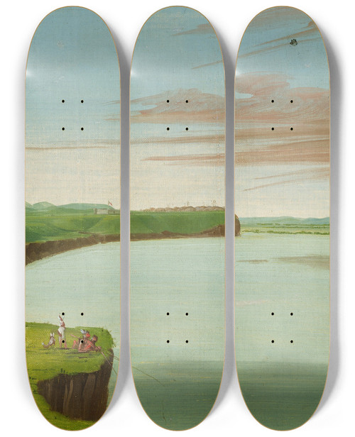 Triptych art skateboard deck of George Catlin Distant View Of The Mandan Village_1 by George Catlin (1796-1872)