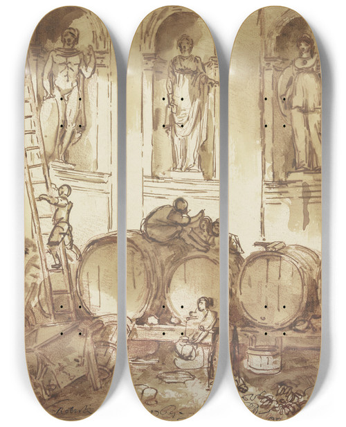 Triptych art skateboard deck of Hubert Robert Weinlager In Einer Nischenhalle Mit Vier Statuen Antiker Gottheiten by Hubert Robert (1733-1808)