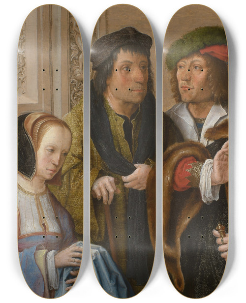 Triptych art skateboard deck of Lucas Van Leyden Potiphars Wife Shows Her Husband Josephs Cloak In The Background Joseph Being Taken To Prison by Lucas Van Leyden (1494-1533)