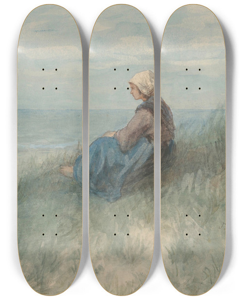 Triptych art skateboard deck of Jozef Israls Een Vrouw Zit Op Een Duin Naar Zee Te Kijken by Jozef Israels (1824-1911)