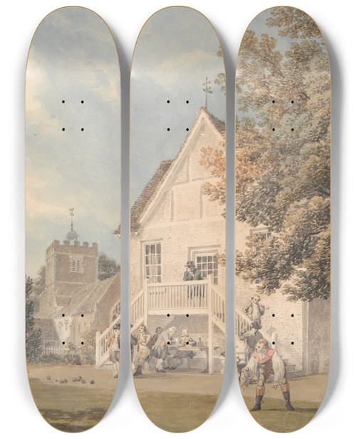 Triptych art skateboard deck of Michael Angelo Rooker A Game Of Bowls On The Bowling Green Outside The Bunch Of Grapes Inn Hurst Berkshire by Michael Angelo Rooker (1746-1801)