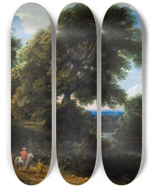 Triptych art skateboard deck of Jacques Darthois Landscape With A Rider In Red by Jacques d'Arthois (1613-1686)