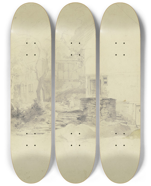 Triptych art skateboard deck of Jakob Frchtegott Dielmann Bauernhuser Auf Der Treppe Ein Kind Weiter Oben Zwei Zuber Rechts Ein Abtritt by Jakob Furchtegott Dielmann (1809-1885)