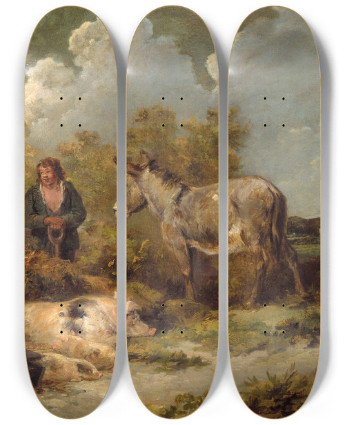 Triptych art skateboard deck of George Morland A Farm Boy With A Donkey Pigs And A Sheep Dog by George Morland (1763-1804)