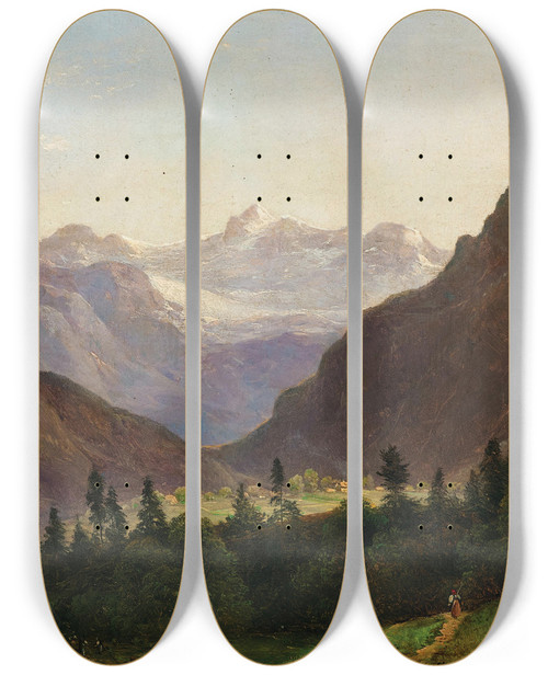 Triptych art skateboard deck of Franz Steinfeld A View Of The Dachstein Massif From The Alpenhotel Wasnerin In Bad Aussee by Franz Steinfeld (1787-1868)