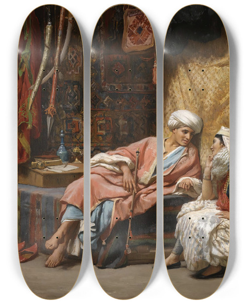 Triptych art skateboard deck of Frederick Arthur Bridgman In The Souk Tunis by Frederick Arthur Bridgman (1847-1928)