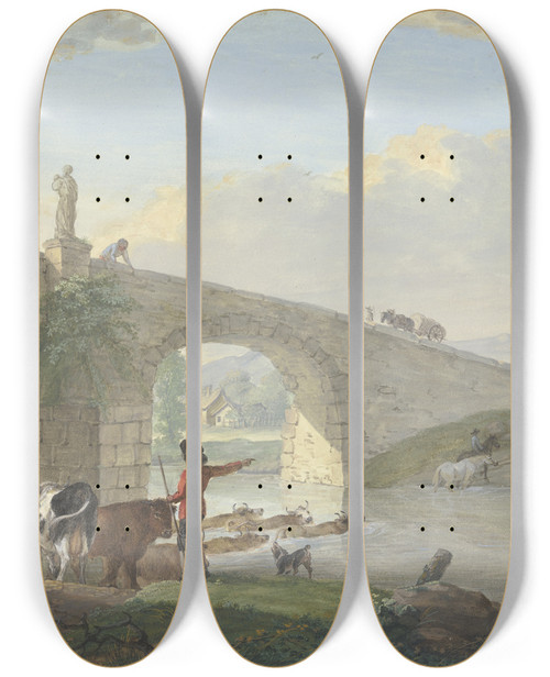 Triptych art skateboard deck of Johann Georg Pforr Viehherde Mit Zwei Hirten Bei Einer Steinbrcke Durch Das Wasser Schwimmend by Johann Georg Pforr (1745-1798)