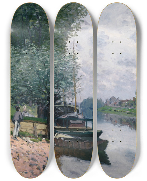 Triptych art skateboard deck of Alfred Sisley La Seine Bougival The Seine Atbougival by Alfred Sisley (1840-1899)