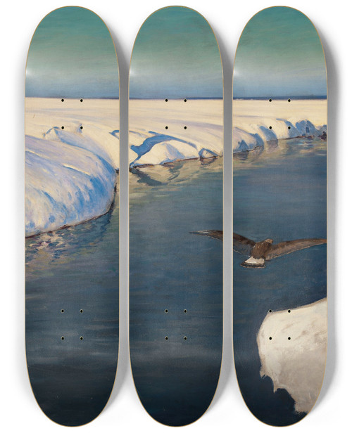 Triptych art skateboard deck of Julian Falat Winter Landscape With A River And A Bird by Julian Falat (1853-1929)