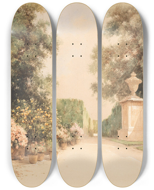 Triptych art skateboard deck of Friedrich Frank An Alley In The Grand Parterre Flower Pots And Part Of A Wall In Schnbrunn Park by Friedrich Frank (1871-1945)