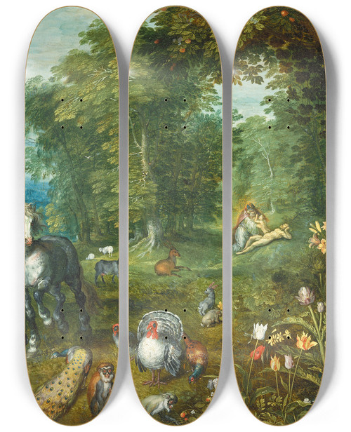 Triptych art skateboard deck of Jan Brueghel The Younger Paradise With The Creation Of Eve by Jan Brueghel the Younger (1601-1678)