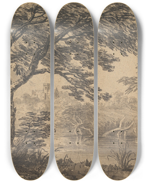 Triptych art skateboard deck of William Gilpin Landscape With Church In Background by William Gilpin (1724-1804)