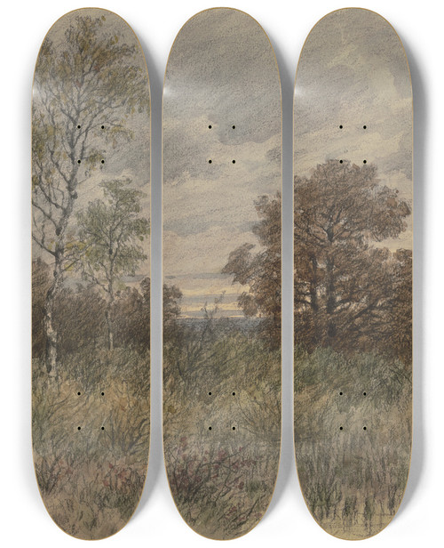 Triptych art skateboard deck of Jakob Maurer Regenlandschaft Mit In Sumpfigem Terrain Stehenden Eichen Und Birken by Jakob Maurer (1826-1887)