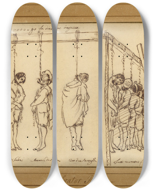 Triptych art skateboard deck of Bolognese School Seven Men On The Gallows by Bolognese School