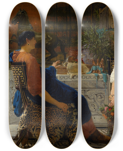 Triptych art skateboard deck of Lawrence Almatadema Preparations For The Festivities The Floral Wreath by Lawrence Alma-Tadema (1836-1912)