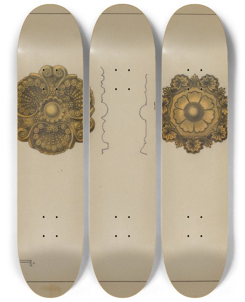 Triptych art skateboard deck of Philip Johnson Rosette Mounts by Philip Johnson