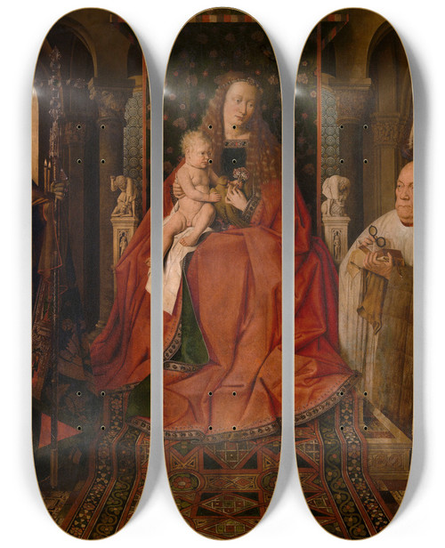 Triptych art skateboard deck of Jan Van Eyck Madonna Surrounded By Saint George Saint Donatianus Of Reims And The Donor Canon Van Der Paele by Jan Van Eyck (1390-1441)