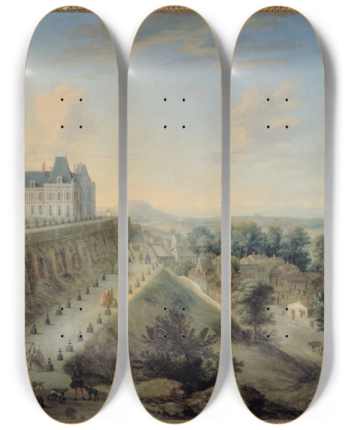 Triptych art skateboard deck of Charleslopold Grevenbroeck Vue Du Chteauvieux Et De La Terrasse De Meudon by Charles-Lopold Grevenbroeck (1731-1799)