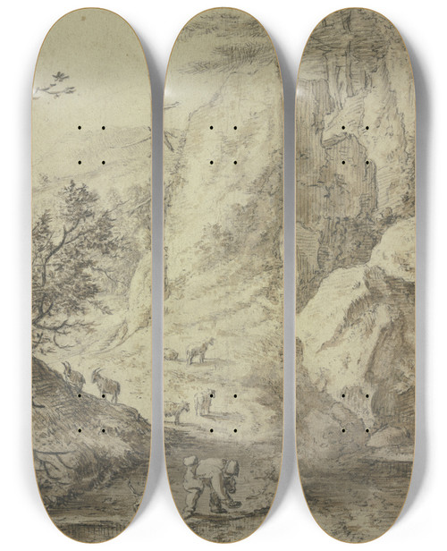 Triptych art skateboard deck of Herman Saftleven Iii Wasserschpfender Hirte Mit Seiner Ziegenherde by Herman Saftleven Iii (1609-1685)