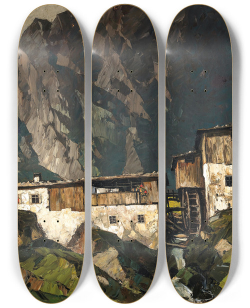 Triptych art skateboard deck of Oskar Mulley Farmhouse With Mill by Oskar Mulley (1891-1949)