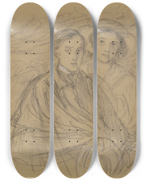 Triptych art skateboard deck of Wilhelm Steinhausen Study Of The Siblings by Wilhelm Steinhausen (1846-1924)