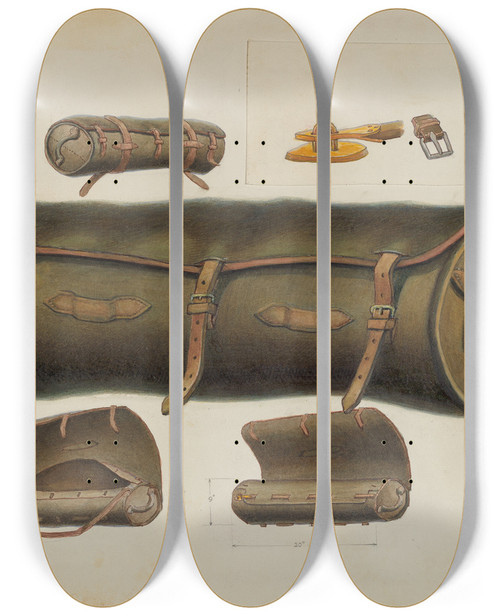 Triptych art skateboard deck of Gordon Saltar Rolled Leather Knapsack by Gordon Saltar