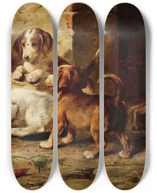 Triptych art skateboard deck of Carl Reichert Wellguarded Sleep by Carl Reichert (1836-1918)