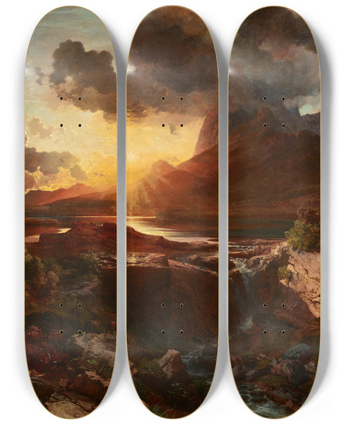 Triptych art skateboard deck of Albert Zimmermann Sonnenuntergang Am Hintersee In Berchtesgaden by Albert Zimmermann (1808-1888)