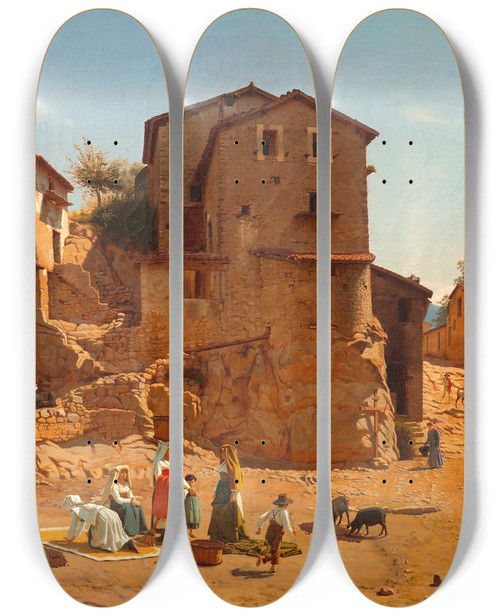 Triptych art skateboard deck of Frederik Vermehren Street In Gerano In The Sabine Hills by Frederik Vermehren (1823-1910)