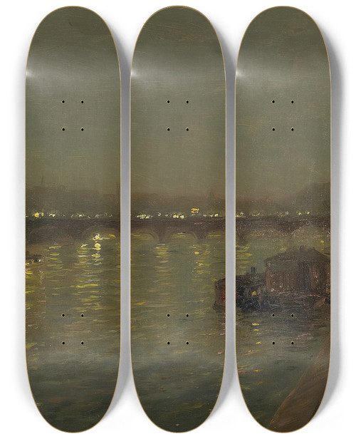 Triptych art skateboard deck of Franoischarles Cachoud Lights On The Saint Pres Bridge Paris by Franois-Charles Cachoud (1866-1943)