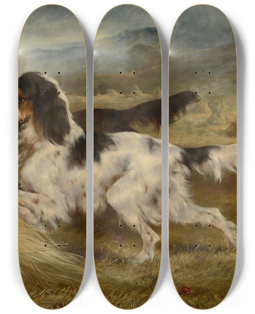 Triptych art skateboard deck of Edwin Douglas The First Of September An English Tricolour And A Gordon Setter With Partridge by Edwin Douglas (1848-1914)
