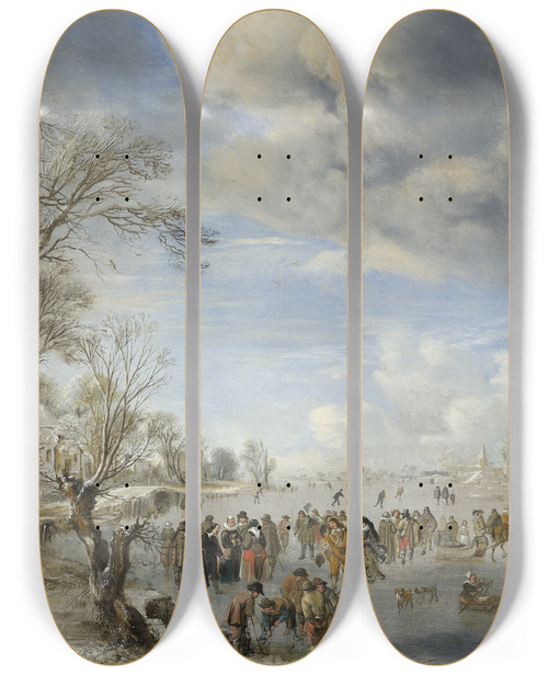 Triptych art skateboard deck of Aert Van Der Neer Winter In Holland Skating Scene by Aert van der Neer (1603-1677)