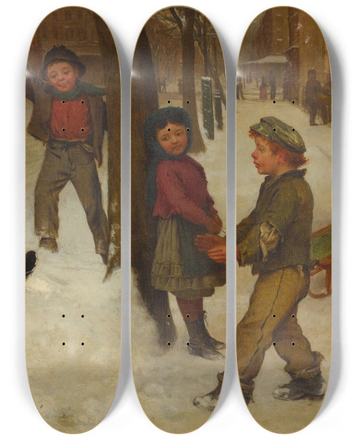 Triptych art skateboard deck of John George Brown Winter Games by John George Brown (1831-1913)
